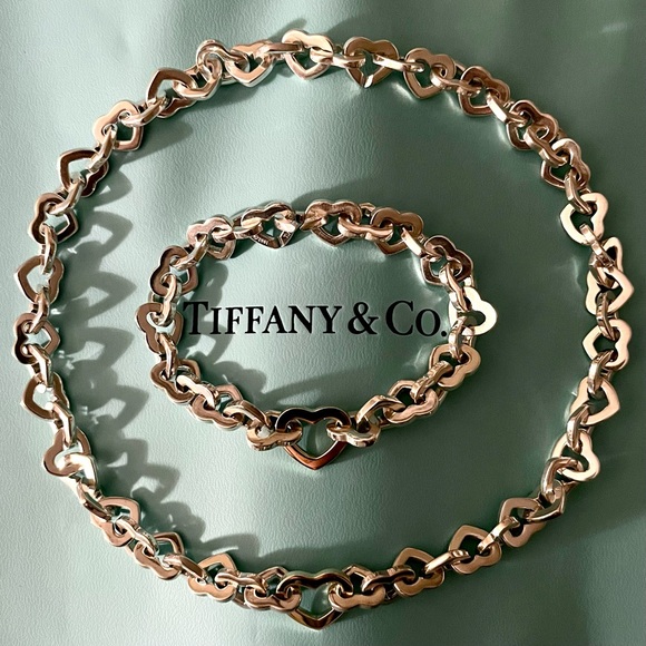Tiffany & Co. Heart Link Necklace Bracelet Set 925 Silver 750 18k Yellow Gold - Picture 1 of 10